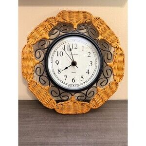 Vintage 1998 Ingraham Quartz Wall Clock Woven Rattan Style Scroll Decor 11in